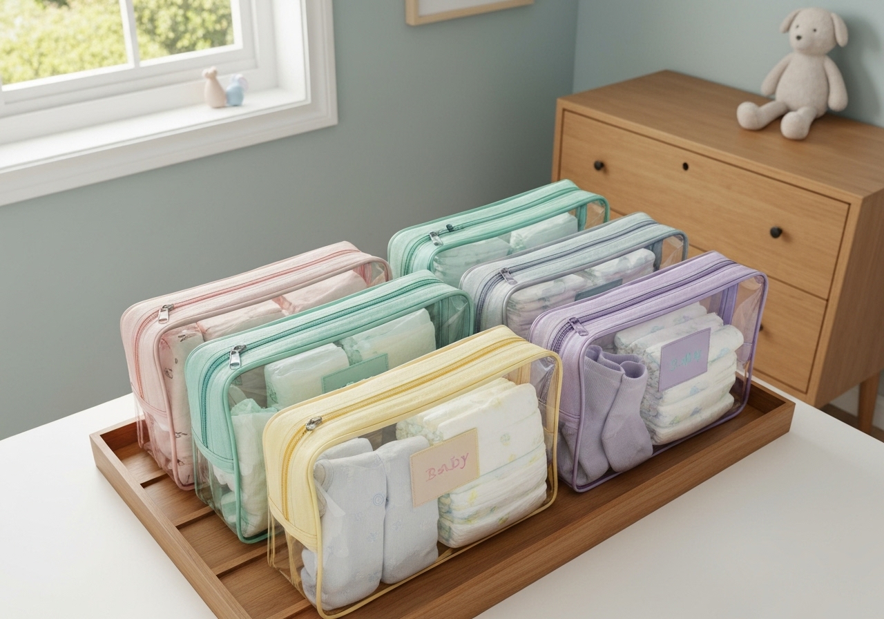 Kit com 5 saquinhos de maternidade, zíper e tags bordadas. Plástico transparente, reutilizável, fácil de limpar, mantém roupas do bebê organizadas na maternidade e passeios. (imagem gerada com inteligência artificial)