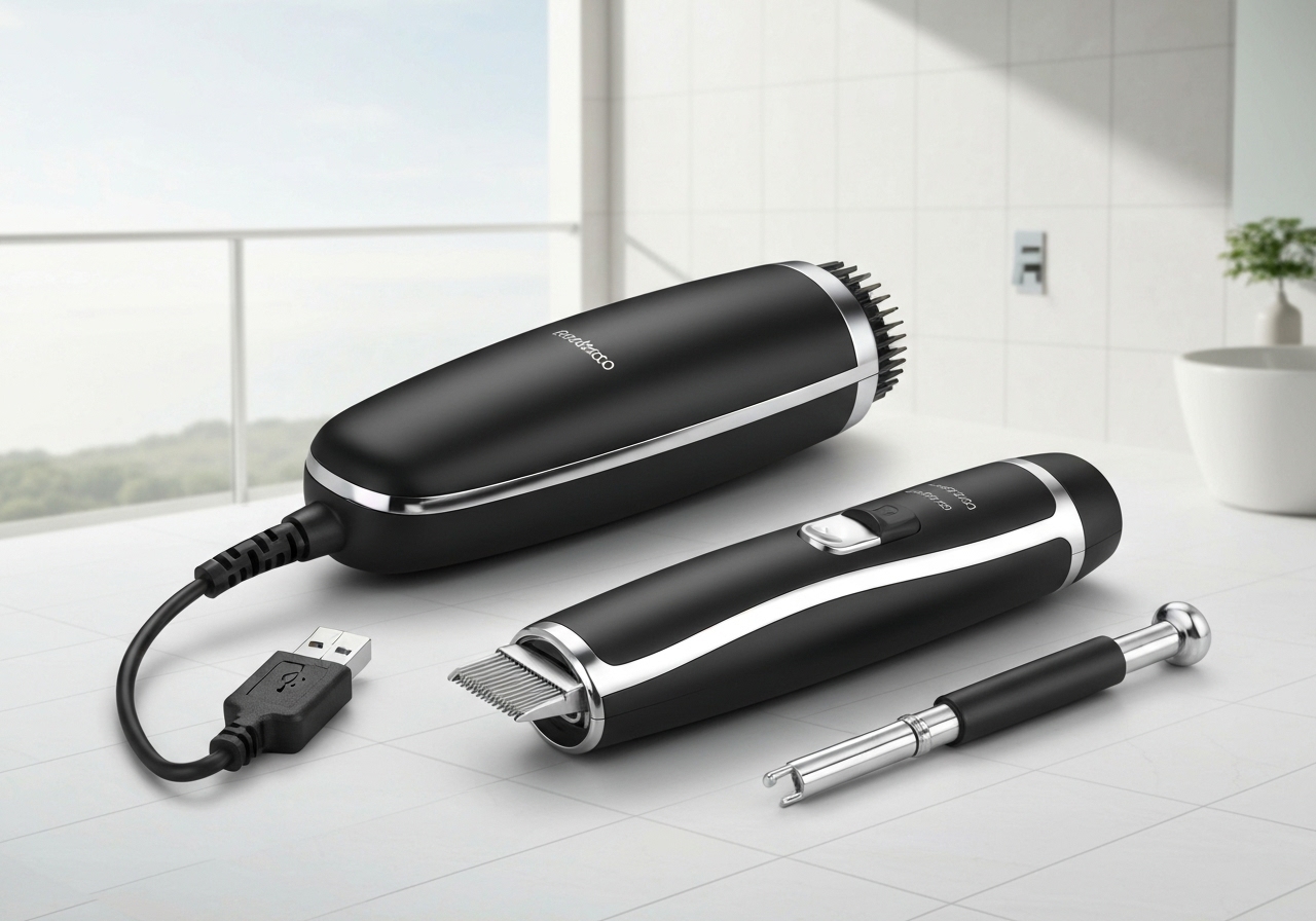 Kit completo de cuidados masculinos: barbeador, aparador de pelos e máquina de cortar cabelo com lâminas avançadas, bateria 1200mAh, carga USB e 2h de uso contínuo. (imagem gerada com inteligência artificial)