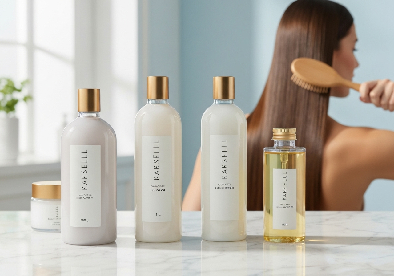 Kit completo Karseell: máscara 500g, shampoo 1L, condicionador 1L e óleo 50ml. Colágeno, argan e ceramida garantem hidratação profunda e brilho intenso. (imagem gerada com inteligência artificial)