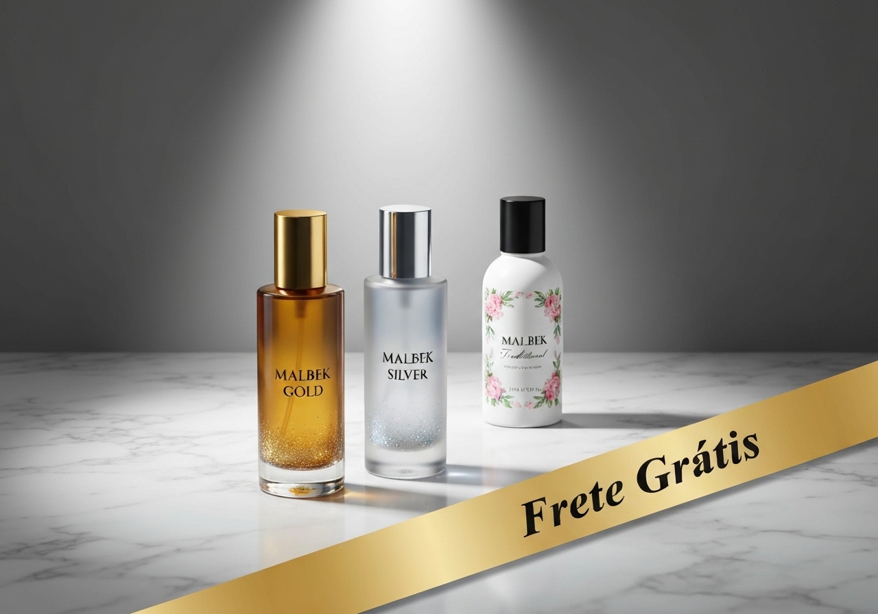 Kit 3 perfumes importados Malbek Gold, Silver e Tradicional: notas amadeiradas, frescas e florais, luxo e versatilidade com frete grátis. Ideal para presente. (imagem gerada com inteligência artificial)