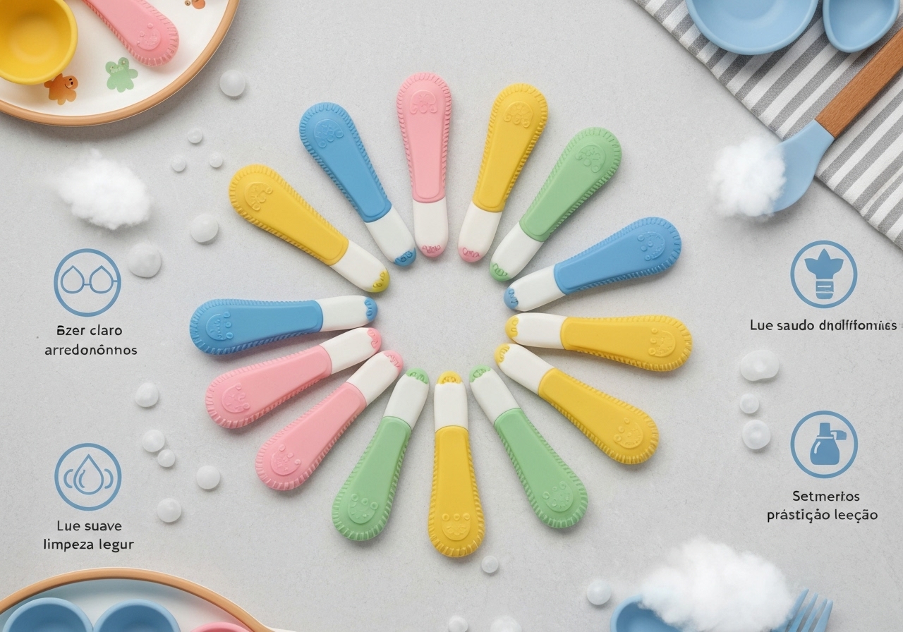 Kit de 8 talheres de silicone para bebês e crianças: livre de BPA, resistente a 230°C, sem pontas, fácil de limpar, durável e seguro para introdução alimentar. (imagem gerada com inteligência artificial)