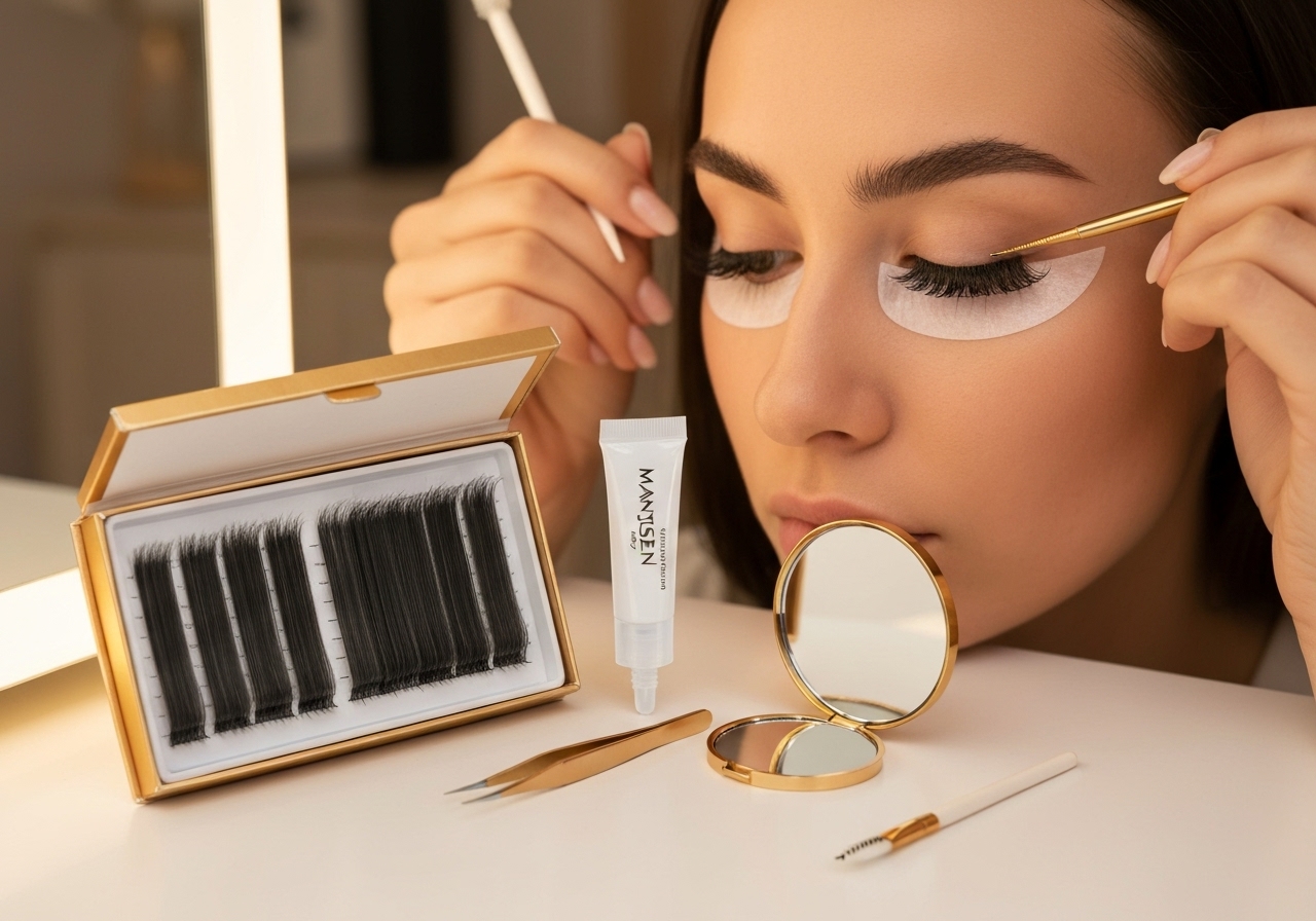 Kit Manjesen entrega 200 pares de cílios ondulados, cola profissional e pinça, permitindo DIY com volume e naturalidade sem salão. (imagem gerada com inteligência artificial)