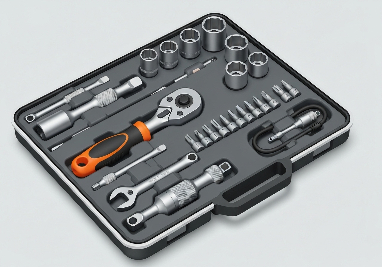 Kit de 46 peças com maleta portátil: soquetes em aço titânio, 13 tamanhos, bits e chaves, catraca 45 dentes; ideal para reparos automotivos e domésticos. (imagem gerada com inteligência artificial)