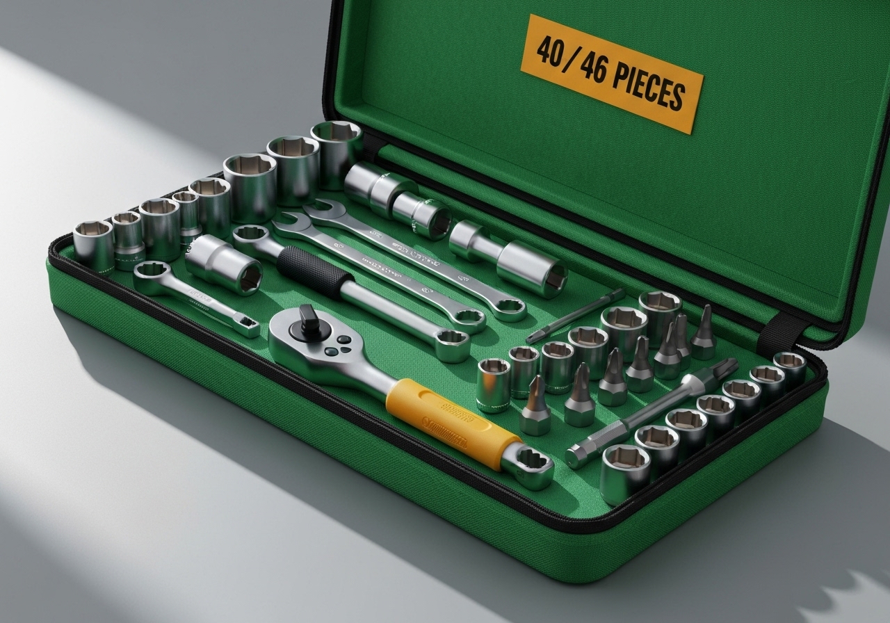 Kit de 40/46 peças: chave catraca 45 dentes, soquetes de aço titânio, maleta resistente – versátil, durável e pronto para qualquer reparo. (imagem gerada com inteligência artificial)
