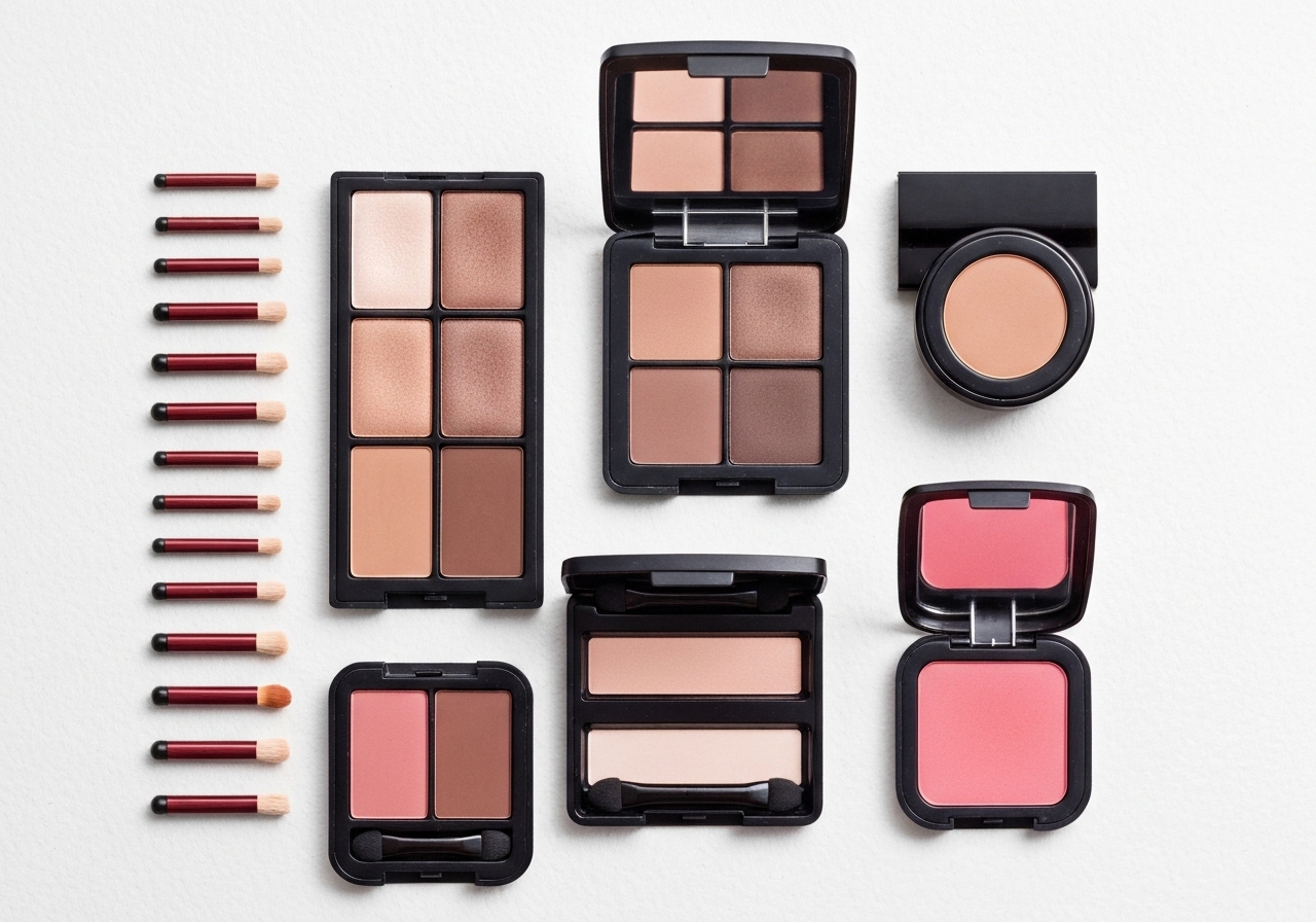 Kit completo de 10 itens: esponja, blush, iluminador, corretivo, contorno, paleta, lápis de olho e 4 pincéis (chanfrado, base, esfuma, pó). Frete grátis! (imagem gerada com inteligência artificial)