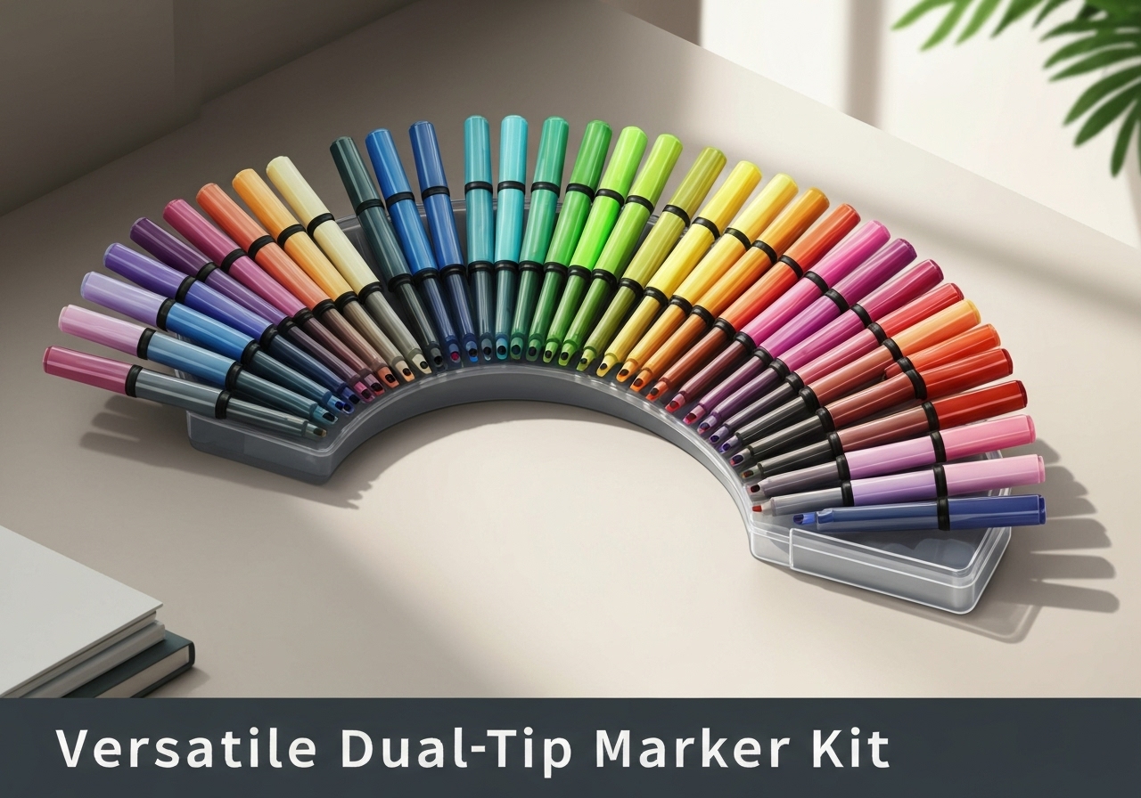 Kit de marcadores de ponta dupla com tintas à base de álcool, disponível em 12 a 80 cores. Ideal para arte, arquitetura, escola e escritório. (imagem gerada com inteligência artificial)