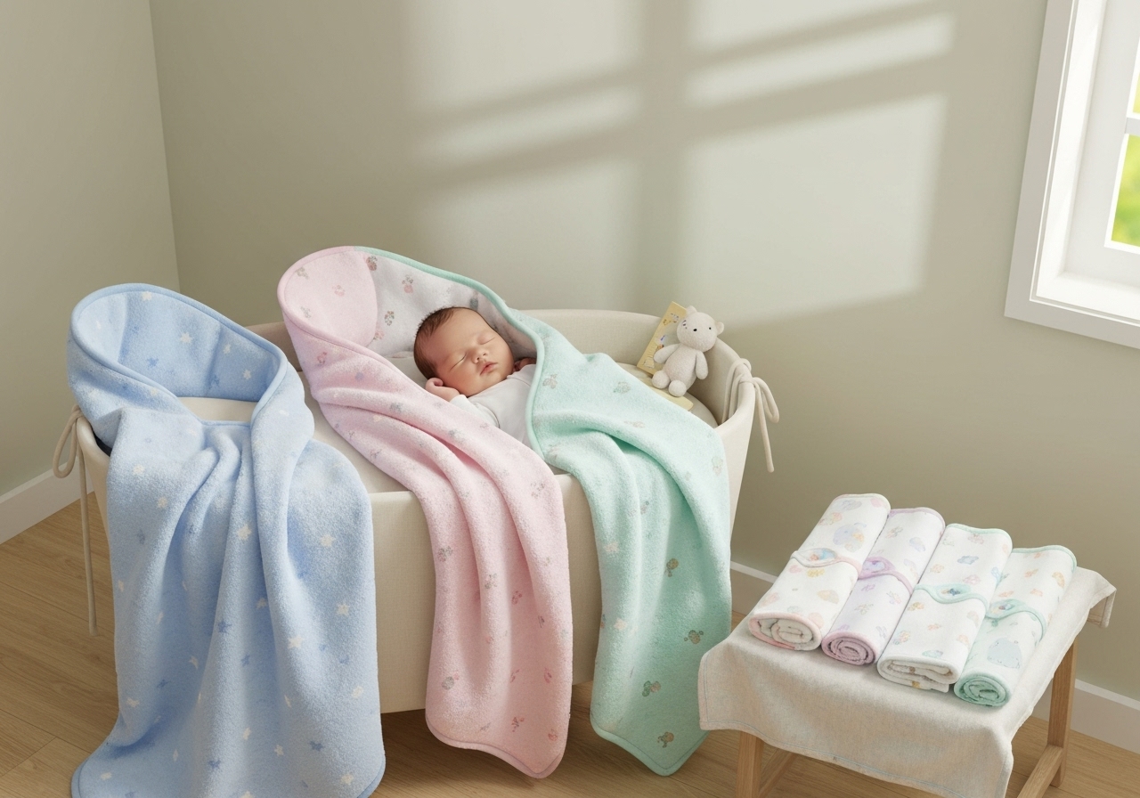Kit enxoval de 9 peças: 3 cueiros flanelados 100% algodão e 6 paninhos de boca Karinho. Conforto e maciez para os primeiros dias do bebê – promo na Shopee. (imagem gerada com inteligência artificial)