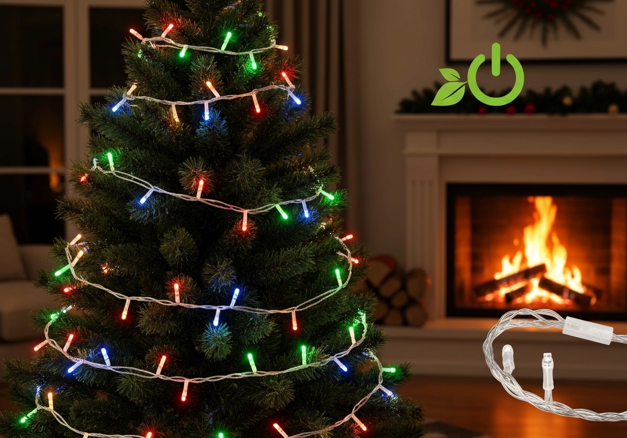 Ilumine seu Natal com 9 metros de pisca-pisca LED 100-lâmpadas: cores vibrantes, modos de piscagem variados, instalação simples e economia energética. (imagem gerada com inteligência artificial)