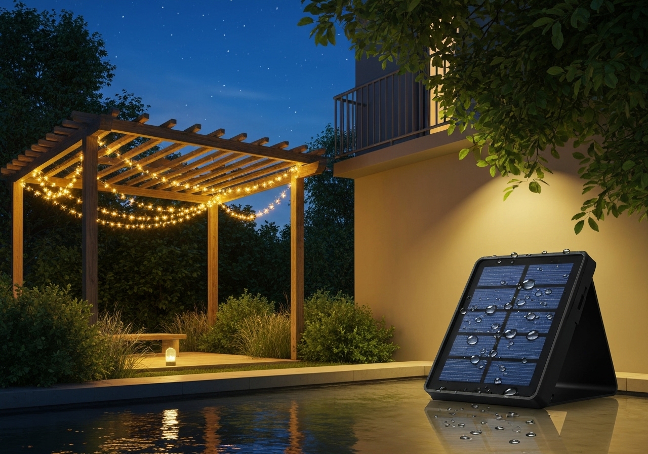 Luzes solares de corda 10M/20M iluminam jardins e festas com energia limpa, controle automático e modos, criando ambientes acolhedores sem energia elétrica. (imagem gerada com inteligência artificial)