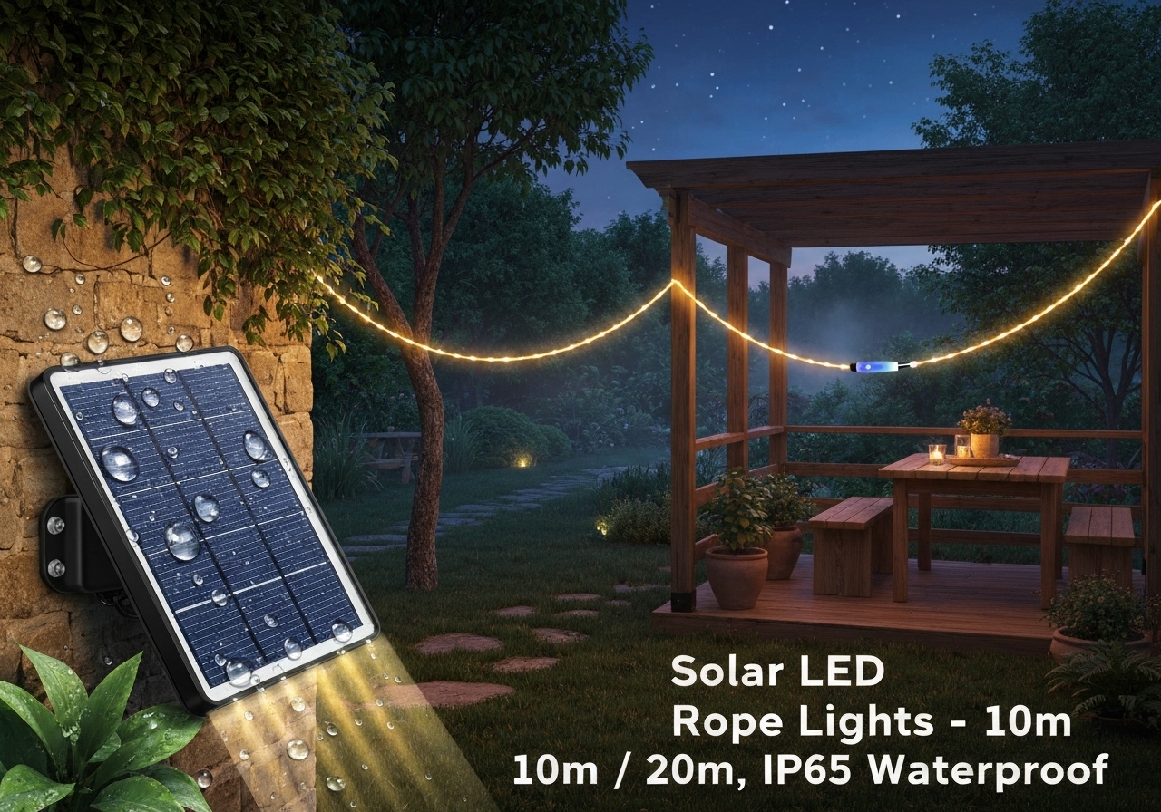 Luzes LED solares de 10/20 m, à prova d'água, com painel solar integrado, iluminam jardins e festas por até 8 h sem energia elétrica, modo fixo ou piscante. (imagem gerada com inteligência artificial)