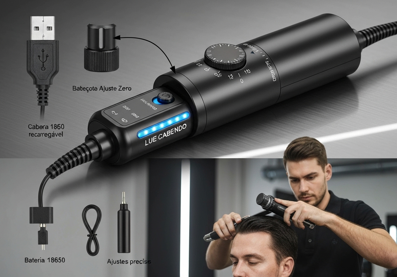 Máquina elétrica de cabelo e barba com 5W, bateria 18650 USB, 3h de uso, ajustes precisos e cabeçote seguro. Ideal para casa e barbearia. (imagem gerada com inteligência artificial)