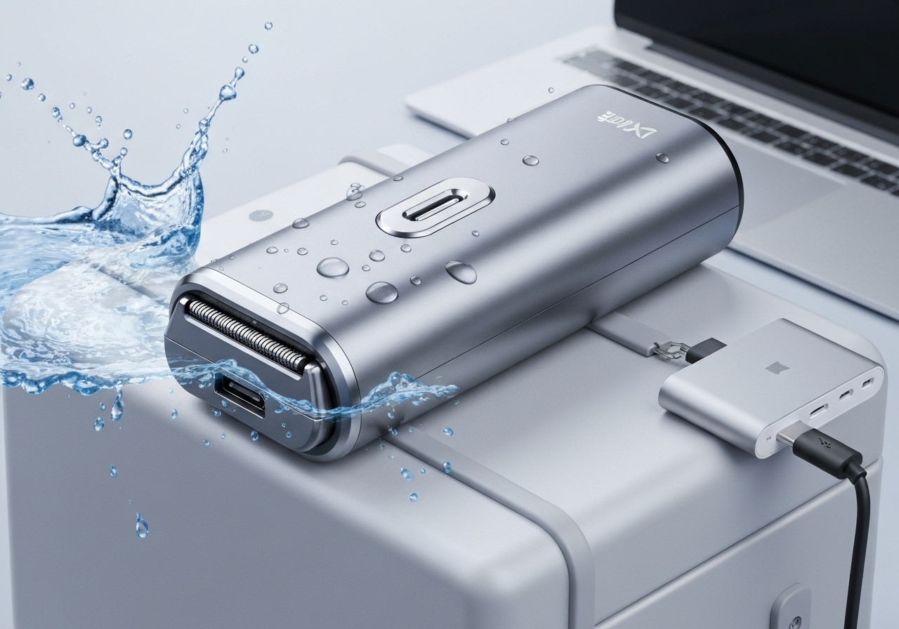 Mini barbeador portátil à prova d'água Tipo‑C, 75g, 6,5×4,5×4,3cm, carrega em 60 min e oferece até 6h de uso; versátil, leve, perfeito para viagens. (imagem gerada com inteligência artificial)