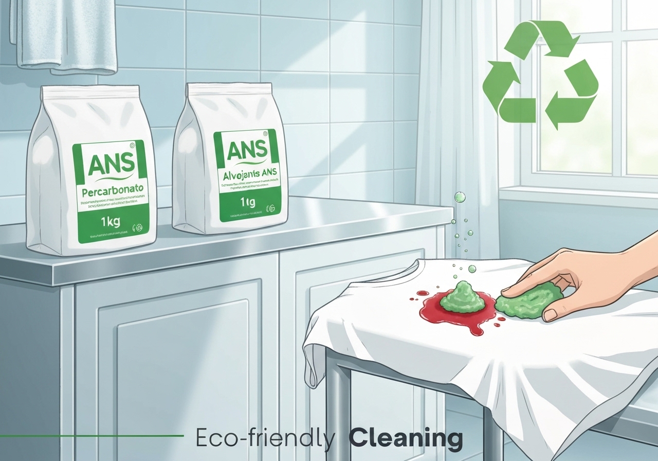 Descubra o Percarbonato ANS 1kg e o Alvejante ANS 1kg: limpeza ecológica, remoção de manchas fortes e eliminação de odores em roupas e superfícies domésticas. (imagem gerada com inteligência artificial)