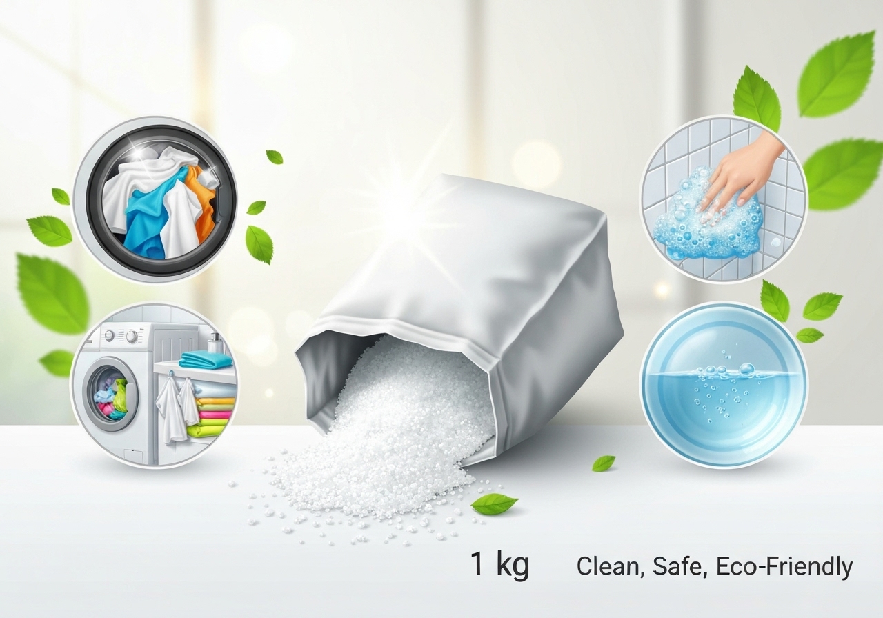 Percarbonato de sódio 1kg, alvejante ANS: limpa manchas profundas, elimina odores e desinfeta superfícies, tudo com ação ecológica e versátil. (imagem gerada com inteligência artificial)