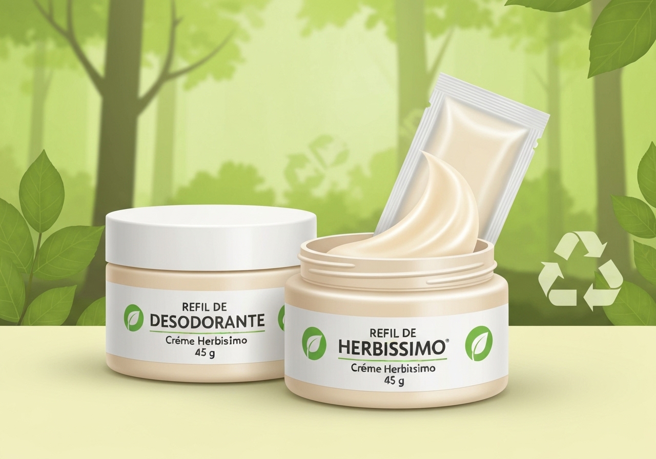 Refil Herbissimo 45g: proteção antitranspirante de 48h, textura cremosa que hidrata e evita irritação. Embalagem biodegradável, uso prático e sustentável. (imagem gerada com inteligência artificial)