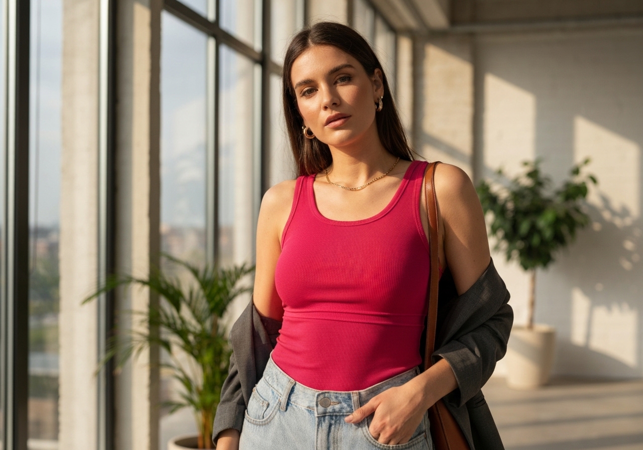 Regata Suplex Duplo: conforto, elegância e versatilidade em tecido premium. Modelagem anatômica, cores vibrantes e tamanhos que se ajustam ao corpo, para looks ou eventos. (imagem gerada com inteligência artificial)
