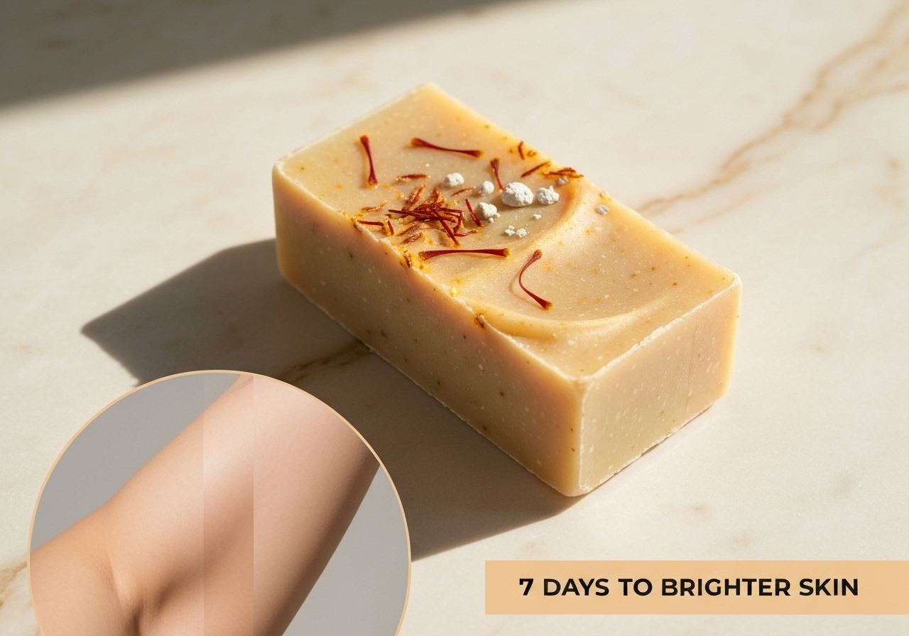 Sabonete de açafrão, argila branca e dolomita clareia axilas, reduz foliculite e ilumina a pele em 7 dias, com hidratação profunda e ação anti‑inflamatória. (imagem gerada com inteligência artificial)