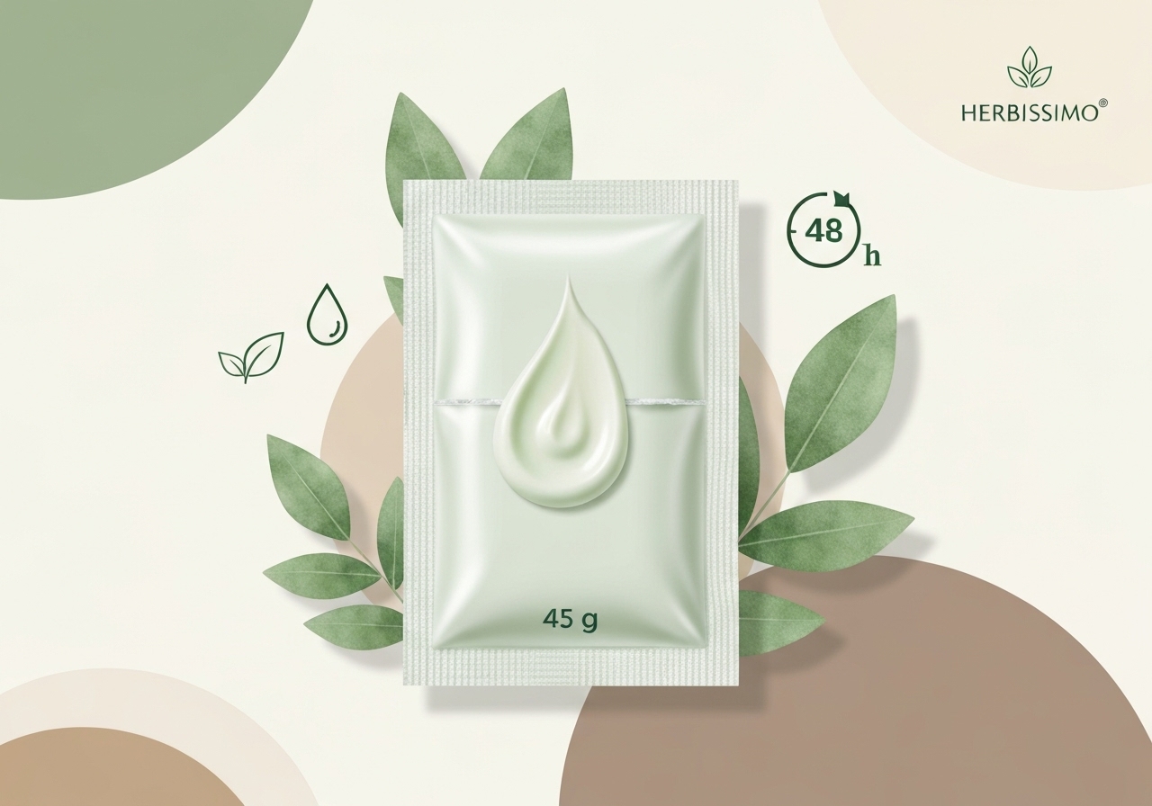 Descubra o sachê refil Herbissimo Sensitive 45g: creme antitranspirante, 48h de frescor, fórmula suave sem álcool, parabenos, para peles sensíveis e eco-friendly. (imagem gerada com inteligência artificial)