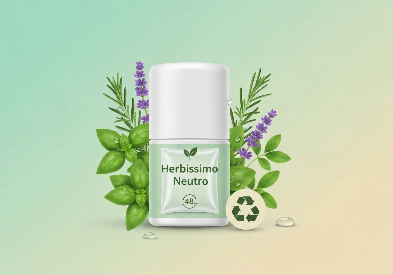 Sachê Refil Herbíssimo: desodorante neutro, 48h de proteção, glicerina e óleo de girassol hidratam a pele, sem álcool nem corante, biodegradável e sustentável. (imagem gerada com inteligência artificial)