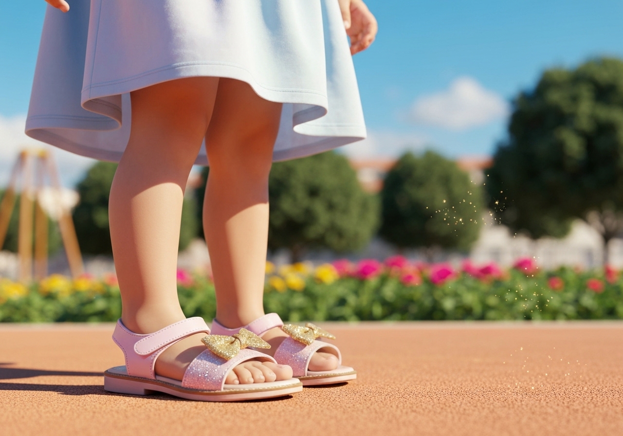 Sandália infantil com laço, glitter e strass, tratorada leve, sintético resistente, solado macio, palmilha EVA, fivela prática, estilo fashion. (imagem gerada com inteligência artificial)