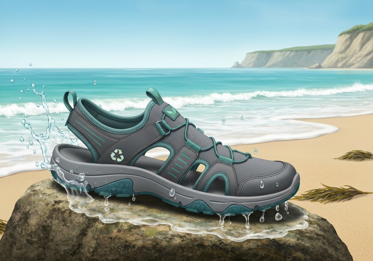 Sapatilha náutica Moscardni Shoes: neoprene leve, secagem rápida, ventilação, sola antiderrapante, vegana, sustentável, ideal para esportes aquáticos e terrestres. (imagem gerada com inteligência artificial)