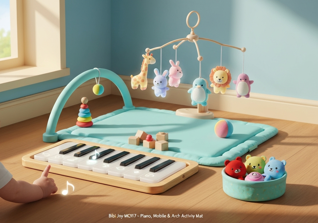 Tapete Bibi Joy MC917: piano interativo, móbile, chocalhos e arco educativo que estimulam sentidos, motricidade e música desde o nascimento. (imagem gerada com inteligência artificial)