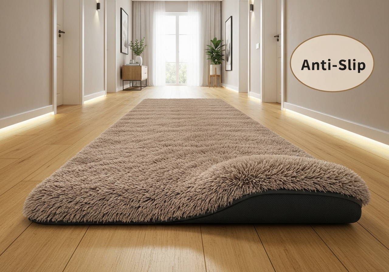 Tapete passadeira felpudo 2.00 x 0.60 m, poliéster com pelo de 4 cm, base antiderrapante. Conforto, estilo e fácil limpeza. Disponível em 3 tamanhos. (imagem gerada com inteligência artificial)