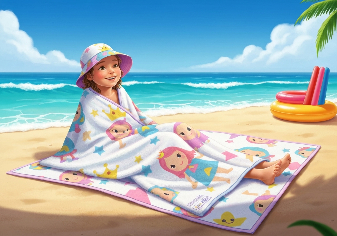 Toalha infantil gigante 70x140cm de algodão com estampas de princesas, super-heróis e memes TikTok. Lave 60°C, seca baixa, perfeita para piscina ou praia. (imagem gerada com inteligência artificial)