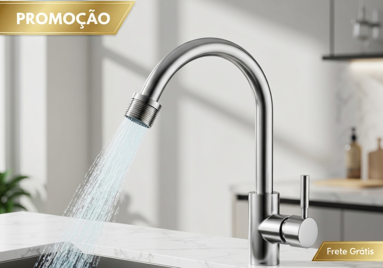 Torneira inox prata com chuveiro 360° – design de luxo, instalação fácil, durabilidade e frete grátis. Promoção imperdível, preço até 47% OFF para sua cozinha ou banheiro (imagem gerada com inteligência artificial)
