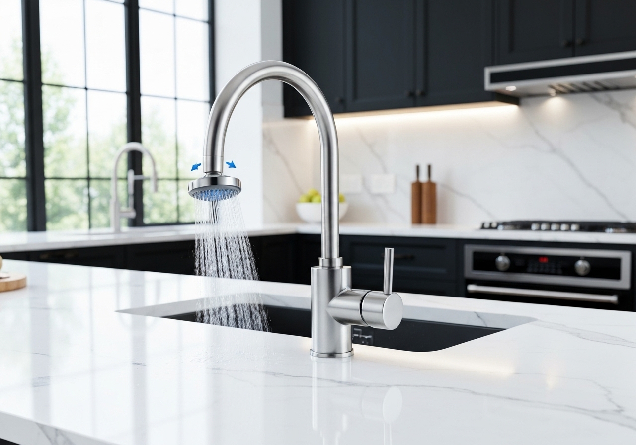 Torneira inox prata com chuveiro e rotação 360°, ideal para cozinhas de luxo. Em promoção a R$26,98, frete grátis acima de R$19 e 47% de desconto. Garanta já! (imagem gerada com inteligência artificial)