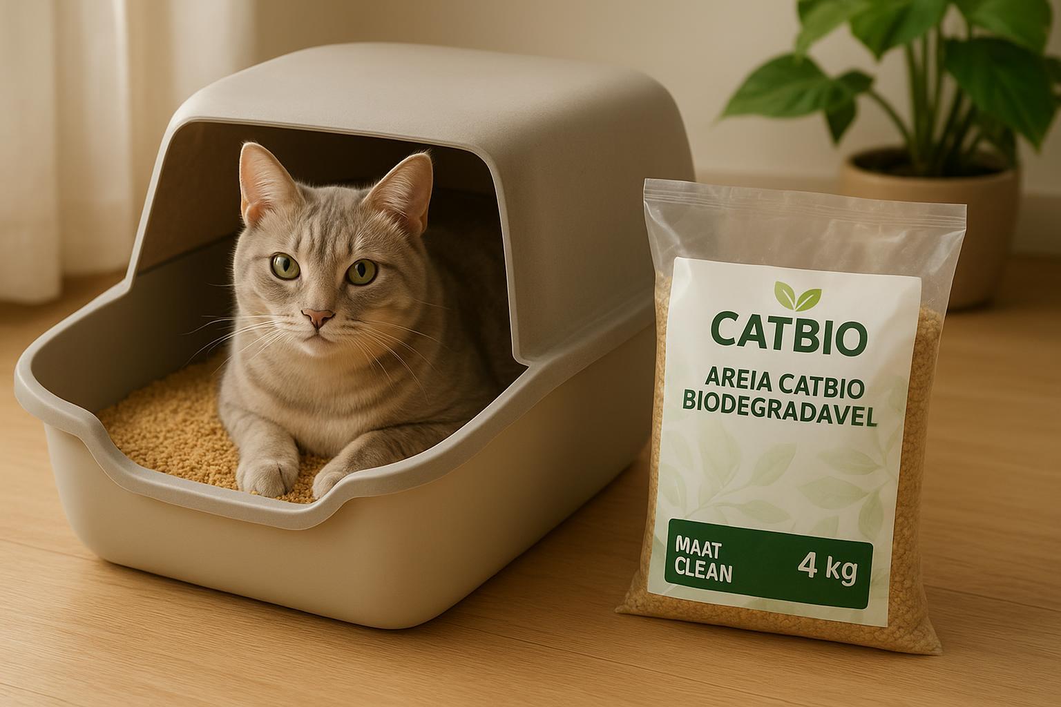Areia Catbio 4 Kg Max Clean: grãos finos de milho e mandioca, alta absorção, forma torrões rapidamente, controla odores, 100% natural e sem perfume. (imagem gerada com inteligência artificial)