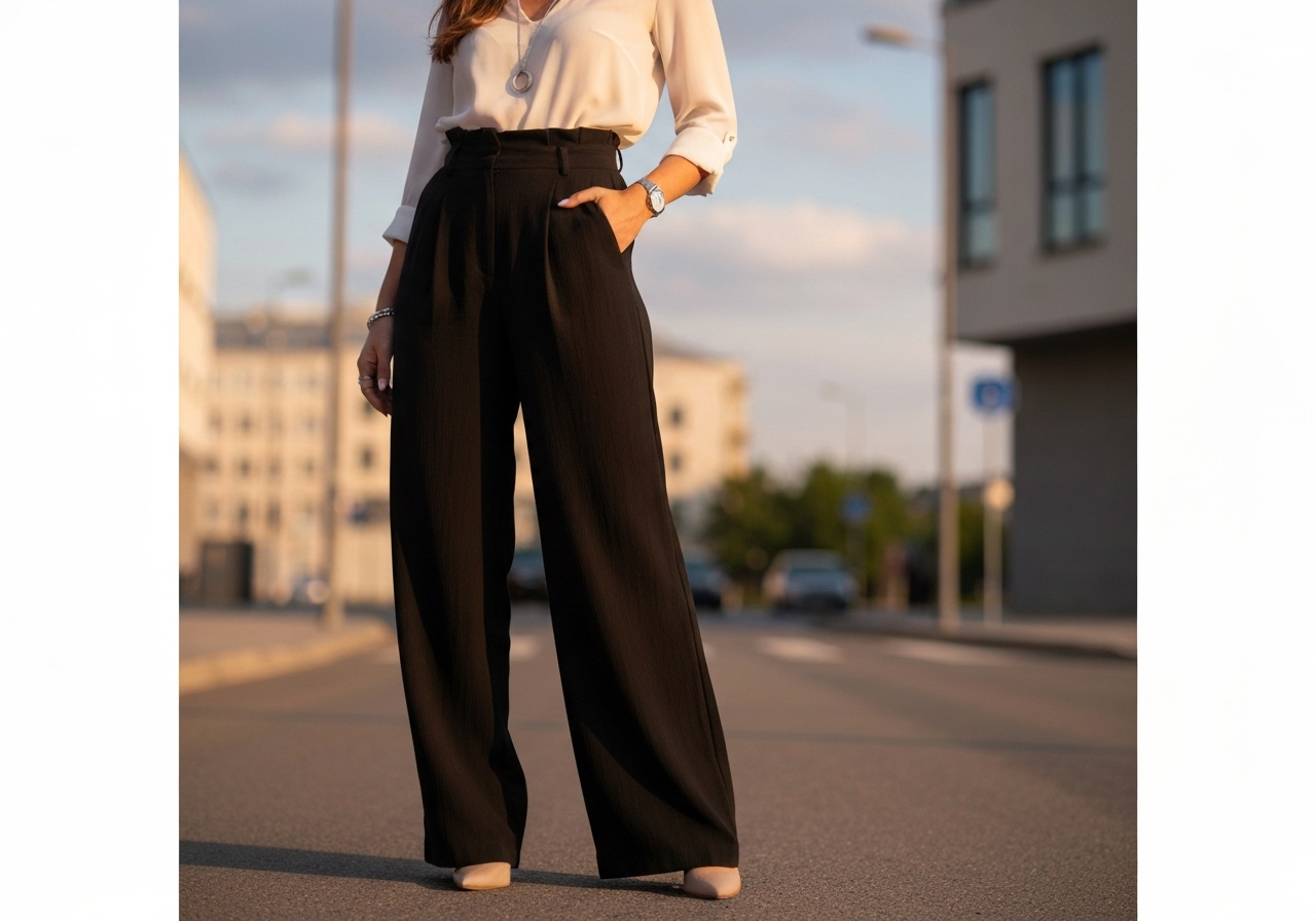 Descubra a calça pantalona feminina Duna: cintura alta, bolso funcional, tecido leve e encorpado que não amassa. Elegância, conforto e versatilidade em um único look. (imagem gerada com inteligência artificial)