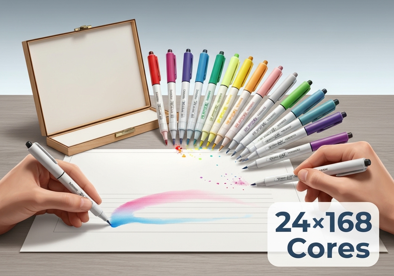 Canetas Touch Marker com ponta dupla, 24 a 168 cores vibrantes, base de álcool, sem cheiro, duráveis e versáteis para arte, desenho técnico e uso escolar. (imagem gerada com inteligência artificial)
