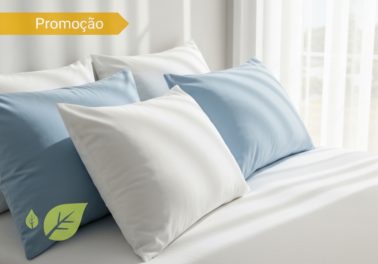 Conjunto de 4 travesseiros 65x45 cm, tecido TNT 100% poliéster, enchimento fibra mista ecológica. Macio, confortável, grande, promoção a partir de R$26,99. (imagem gerada com inteligência artificial)