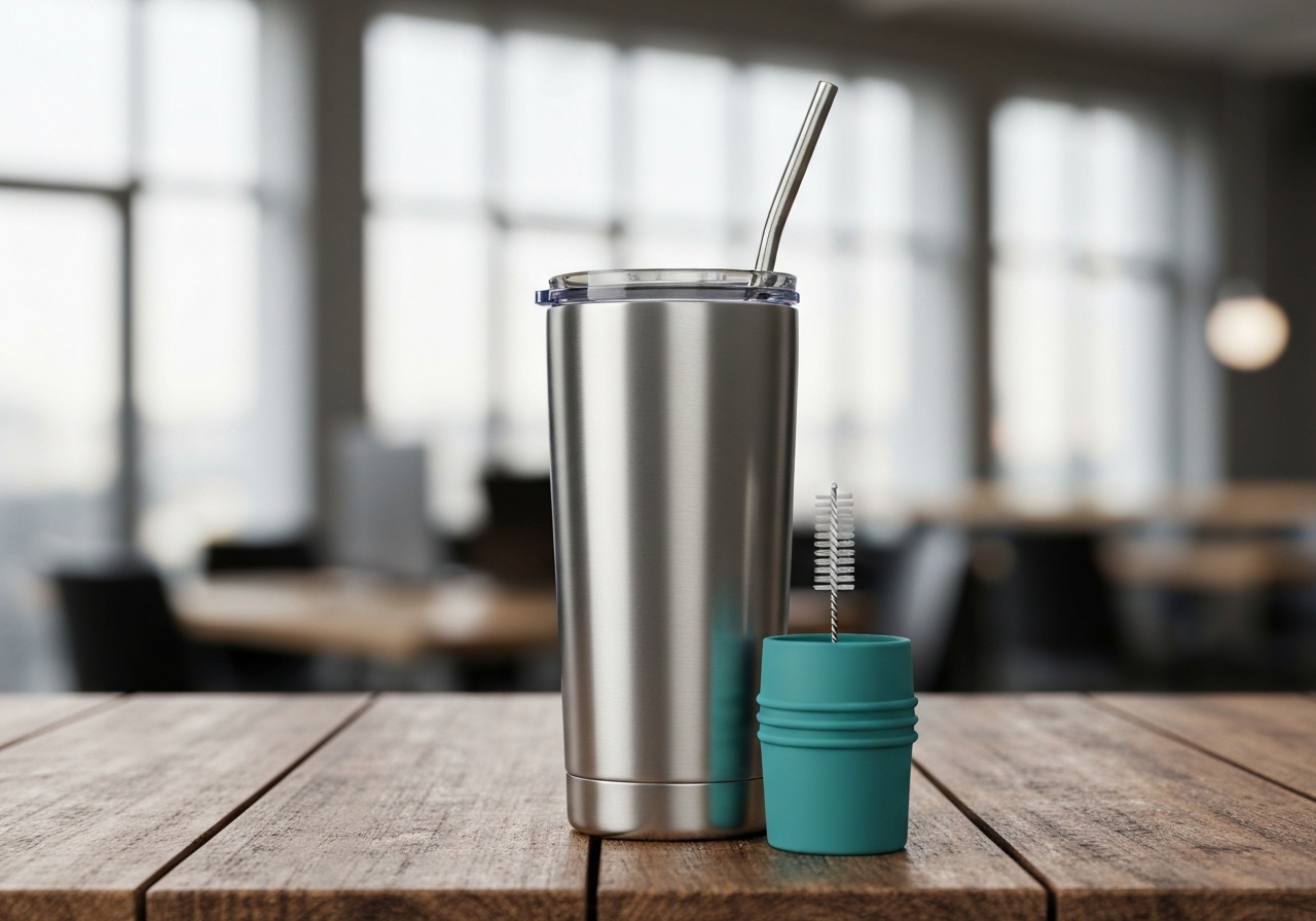 Copo térmico 1,2L da ROMANTIC CROWN mantém bebidas na temperatura ideal, com tampa rosca dupla, canudo inox, capa de silicone e escova. Prático e fácil de limpar. (imagem gerada com inteligência artificial)