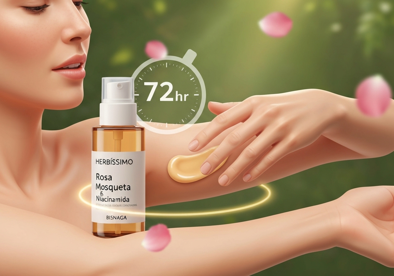 Desodorante creme Herbíssimo com bisnaga, rosa mosqueta e niacinamida: 72h de proteção antitranspirante, hidratação e clareamento das axilas. 55g de pureza natural. (imagem gerada com inteligência artificial)