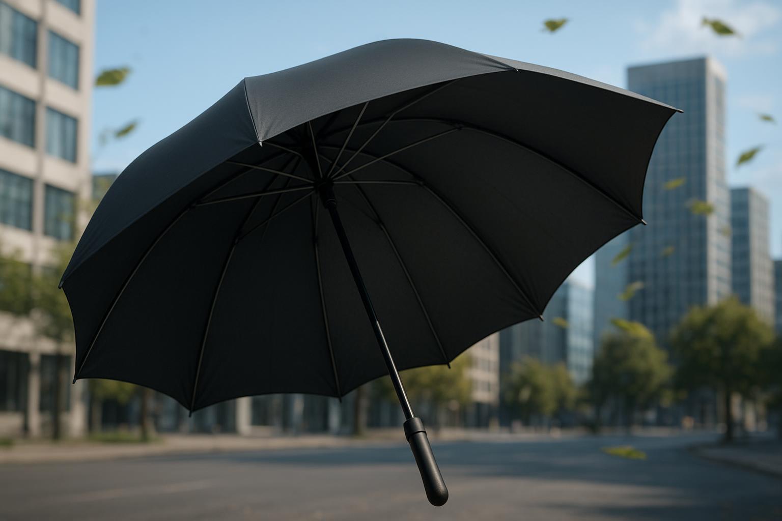 Guarda‑chuva automático reforçado, anti‑vento e com blackout solar: bloqueia UV, reduz calor 2 °C instantâneo e abre/fecha sem esforço. (imagem gerada com inteligência artificial)