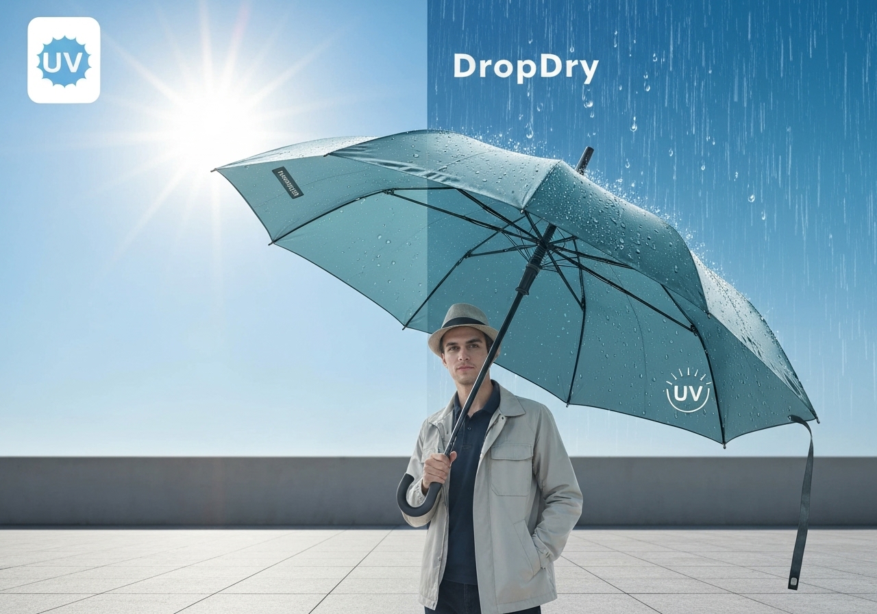 Guarda‑chuva duplo face, UV e vento, estrutura reforçada, tecido Dropdry com secagem rápida. Compacto 24 cm, abre 94 cm, manual, portátil e resistente. (imagem gerada com inteligência artificial)