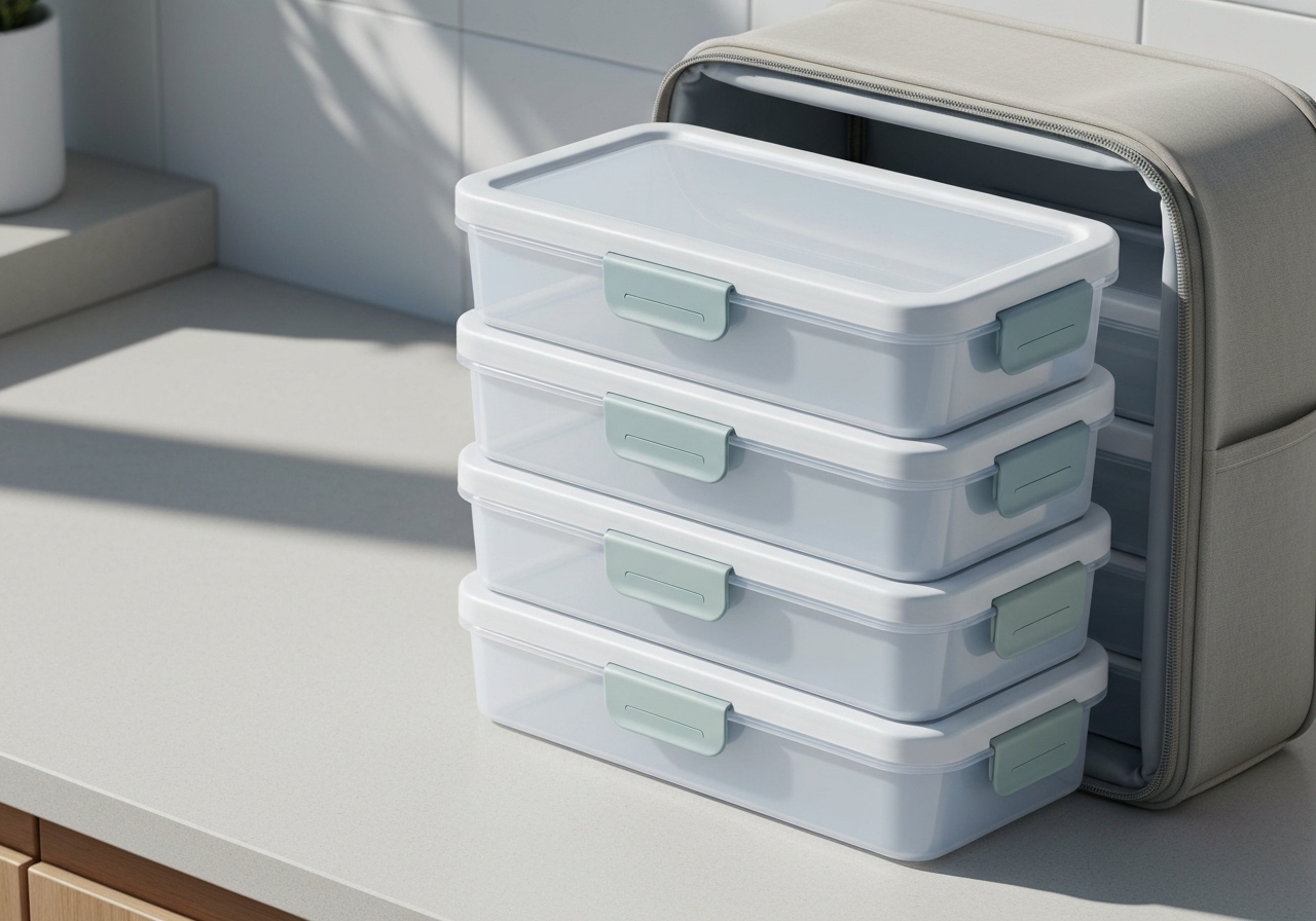 Organize suas refeições com o Kit 10 Marmitas 800ml BPA‑free, travas laterais duplas, transparência, resistente, prático para freezer, micro‑ondas e transporte. (imagem gerada com inteligência artificial)