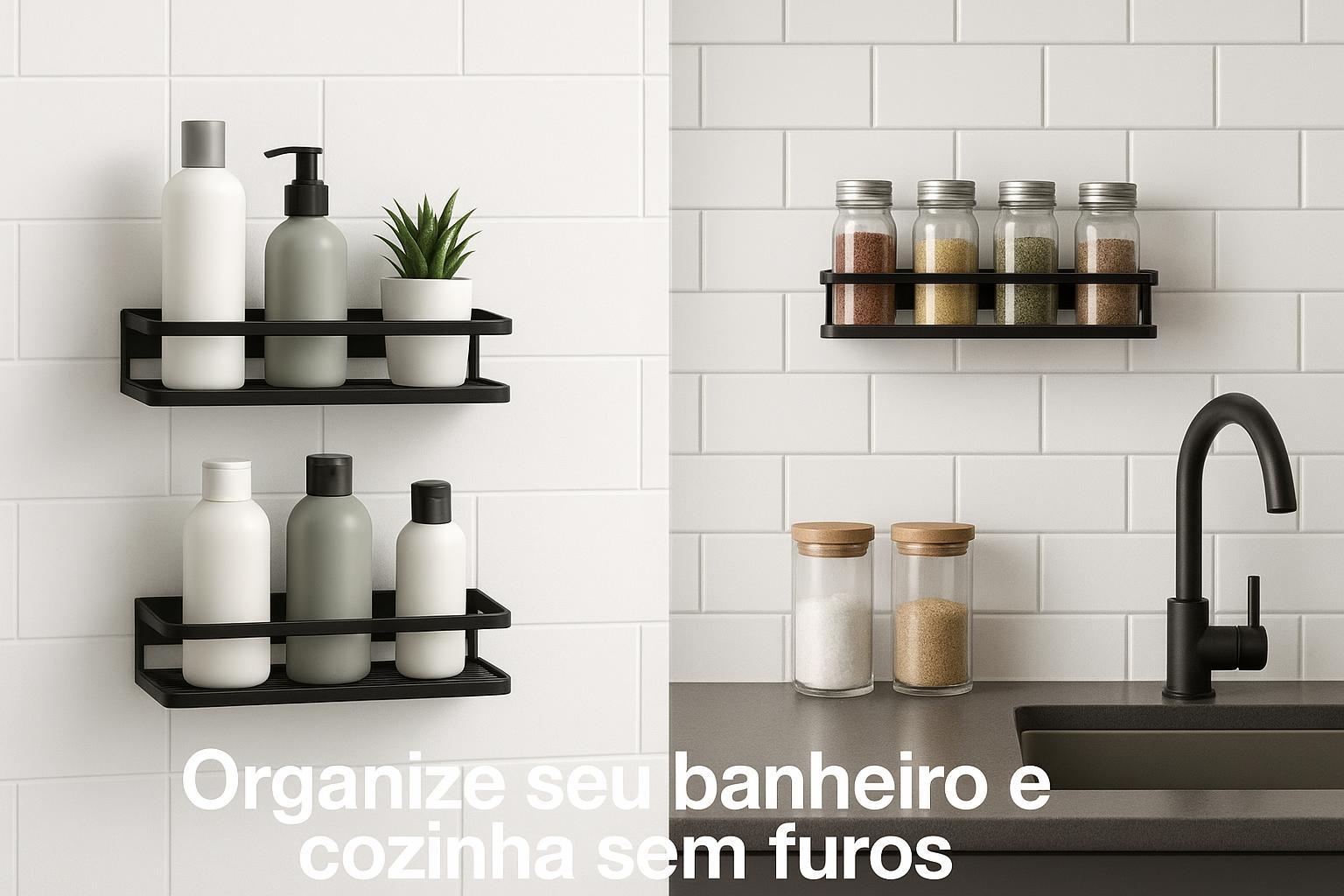 Descubra o kit de 2 suportes metálicos adesivos para shampoo, perfeito para organizar banheiro e cozinha. Prateleira prática, fácil instalação e estilo moderno. (imagem gerada com inteligência artificial)