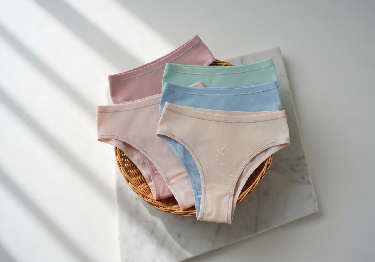 Kit de 5 calcinhas tanga sem costura, corte a laser 90% poliéster, 10% elastano. Conforto, respirabilidade e invisibilidade sob roupas finas – promo sem marcas! (imagem gerada com inteligência artificial)