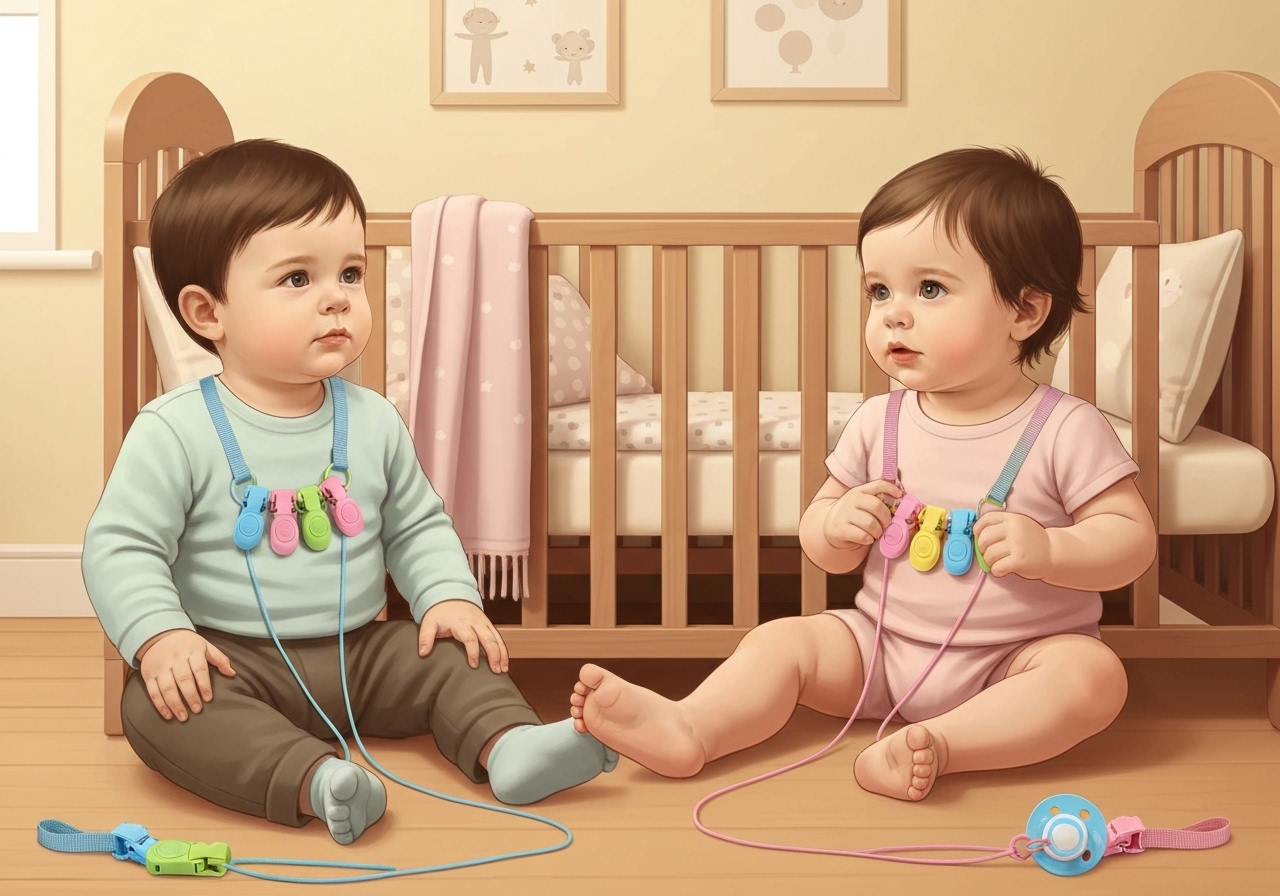 Kit de até 5 prendedores de chupeta com trava e corrente, coloridos e seguros, mantém a chupeta limpa e ao alcance do bebê, ideal para pais. (imagem gerada com inteligência artificial)