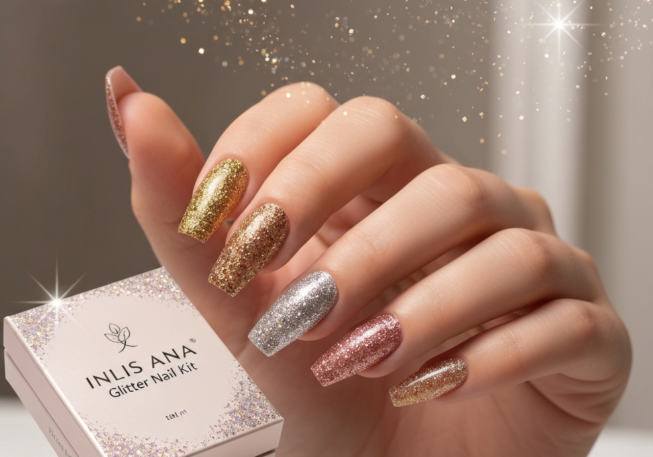 Descubra o kit INLIS ANA com 48 unhas postiças glitter, em estilos bailarina, quadrada, amendoada e francesinha. Fácil aplicação, brilho duradouro e remoção segura. (imagem gerada com inteligência artificial)