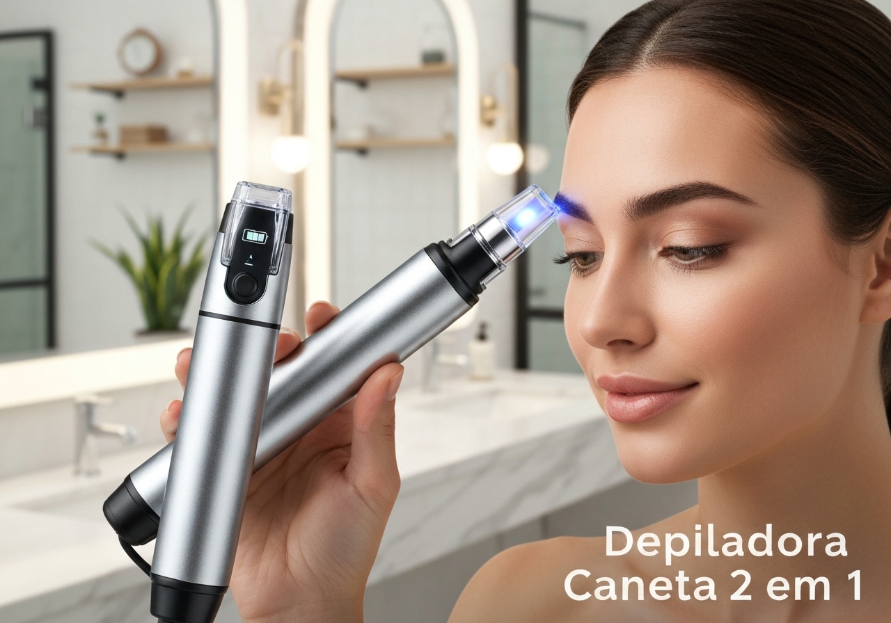 Kit depiladora caneta 2 em 1: depilação facial instantânea, indolor, com LED e recarregável USB. Precisa, portátil e hipoalergênico. (imagem gerada com inteligência artificial)