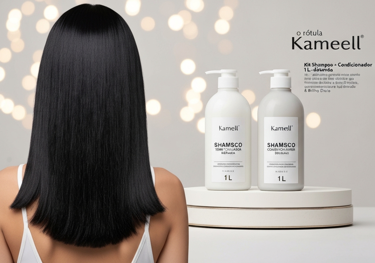 Kit Kameell 1L + 1L para uso diário profissional: shampoo e condicionador com colágeno, queratina e nutrientes que hidratam, reduzem frizz e brilham já na primeira lavagem. (imagem gerada com inteligência artificial)