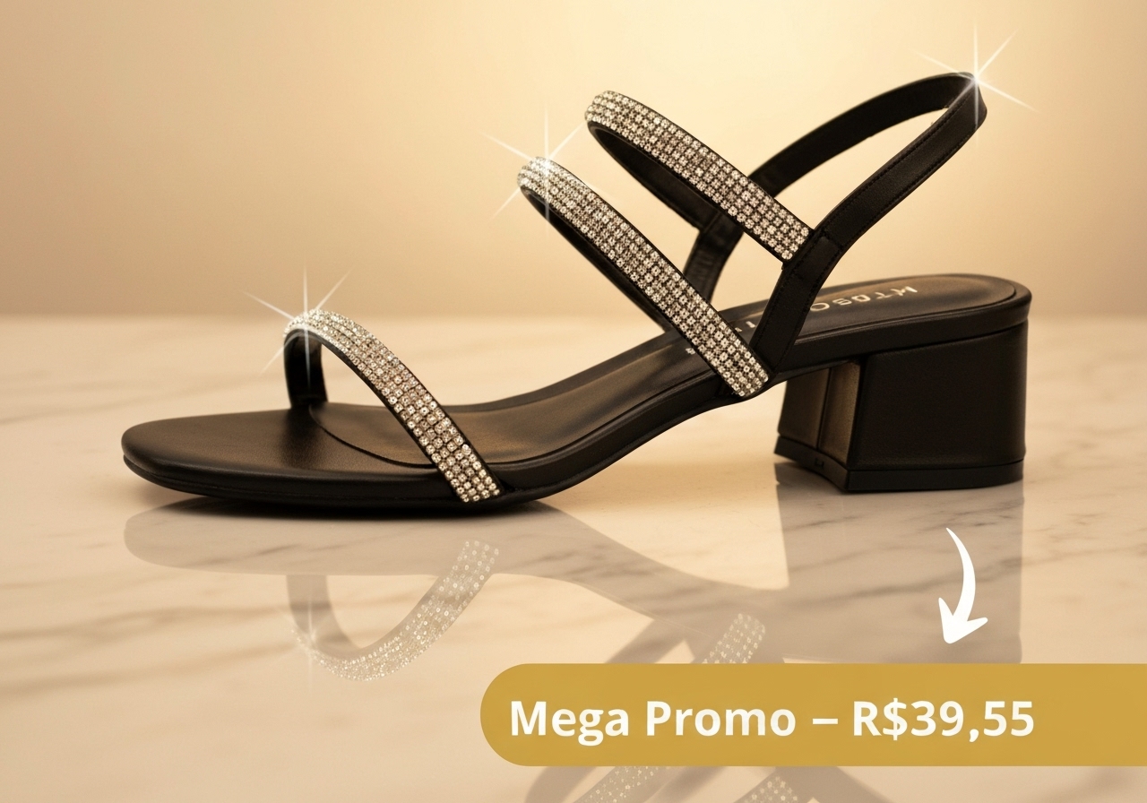 Mega promoção: sandália de salto 3cm com tiras de strass, brilho luxuoso, conforto e calce fácil. Envio imediato, preço de R$39,55. Garanta já! (imagem gerada com inteligência artificial)