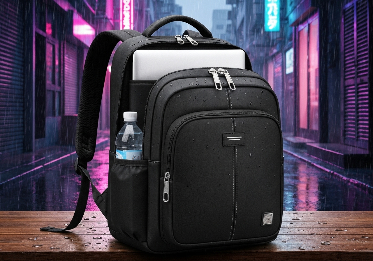 Mochila reforçada coreana para notebooks 15-16”, 3 compartimentos com zíper, 2 bolsos laterais, resistente à água, suporta até 10kg. (imagem gerada com inteligência artificial)