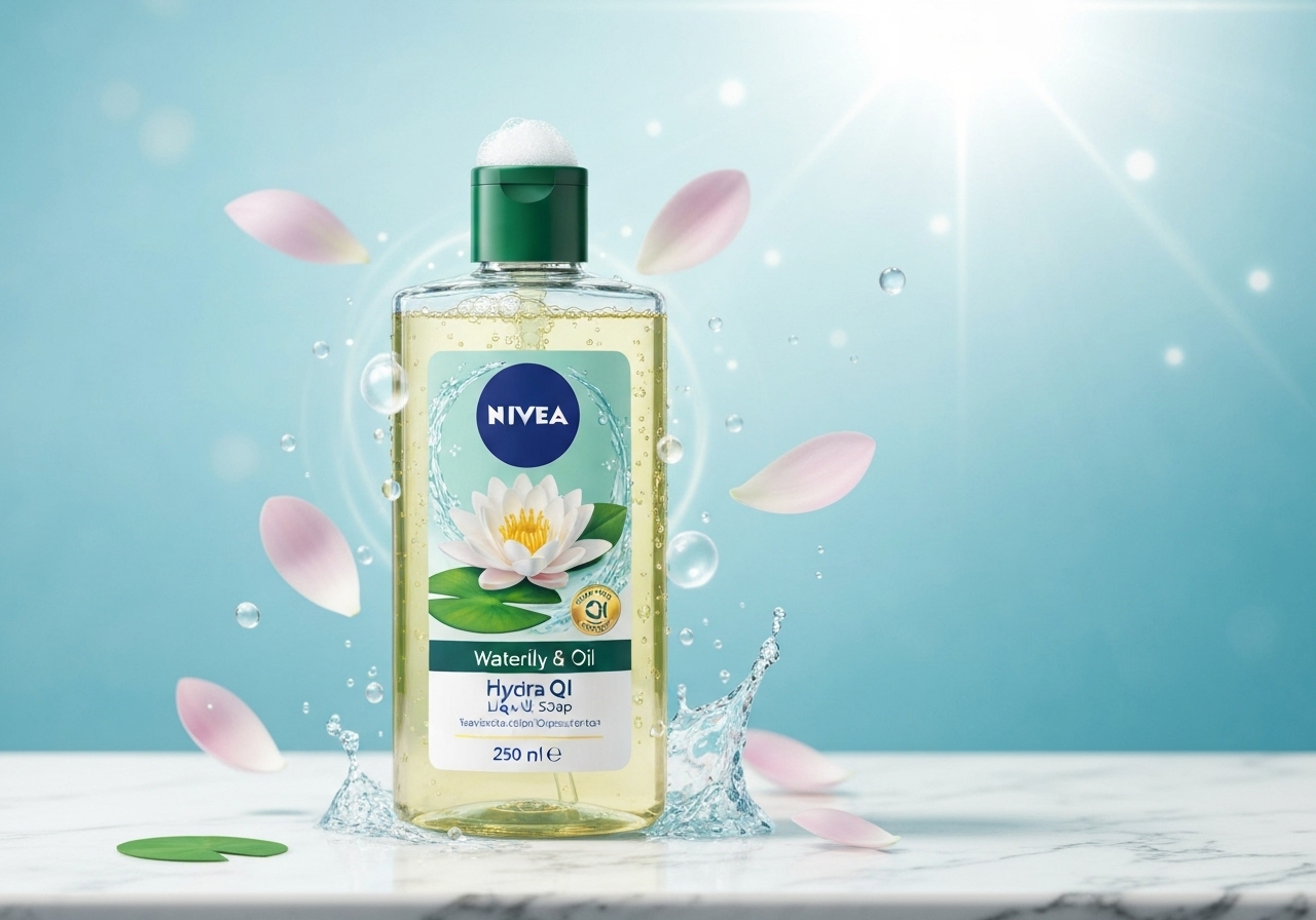 Sabonete Líquido NIVEA Waterlily & Oil: Hydra QI, 55% óleos naturais e óleo de girassol. Limpeza suave, hidratação profunda, fragrância floral e pH equilibrado. (imagem gerada com inteligência artificial)