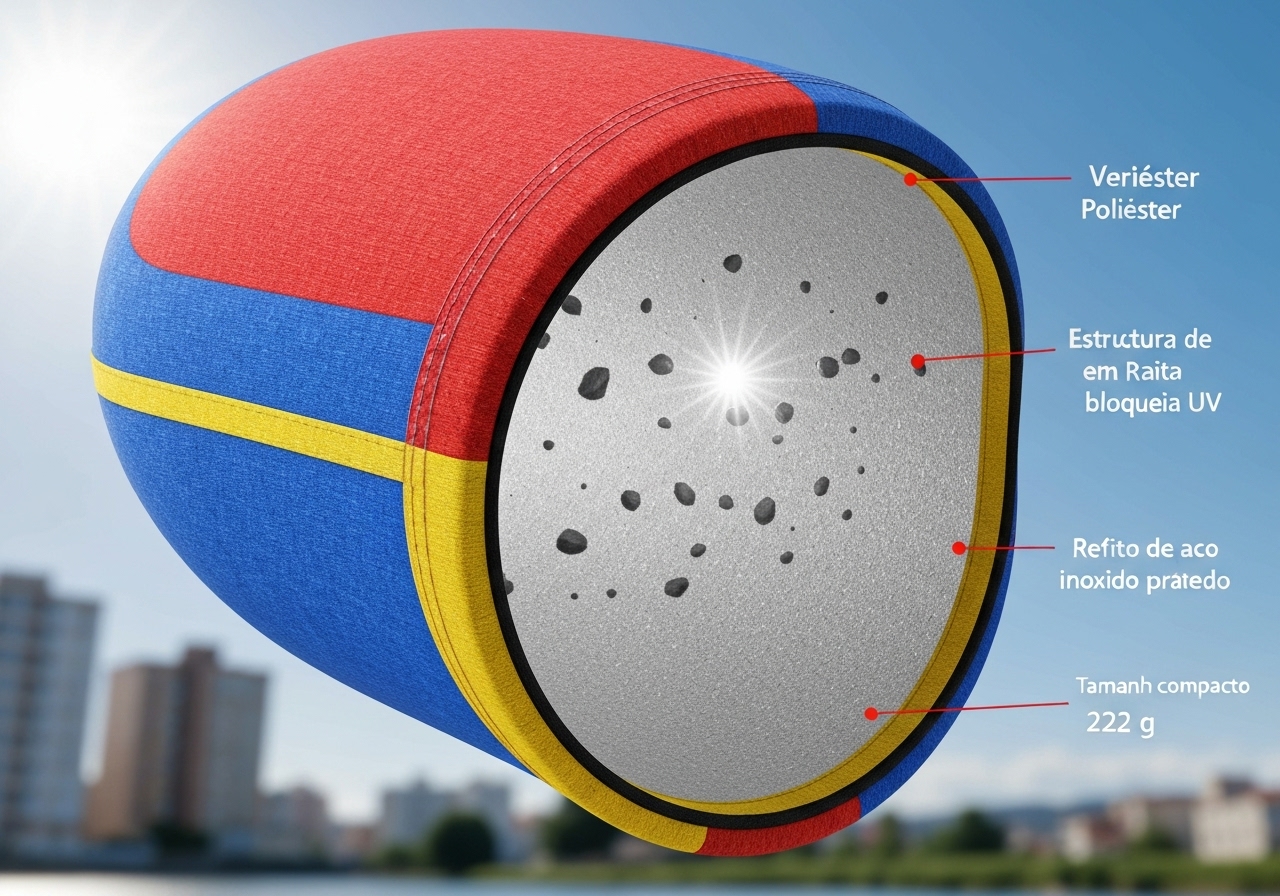 Sombrinha dupla face: exterior colorido, interior prateado bloqueia UV, 8 varetas de aço, 222g, 90cm aberto, compacta e resistente ao vento. (imagem gerada com inteligência artificial)