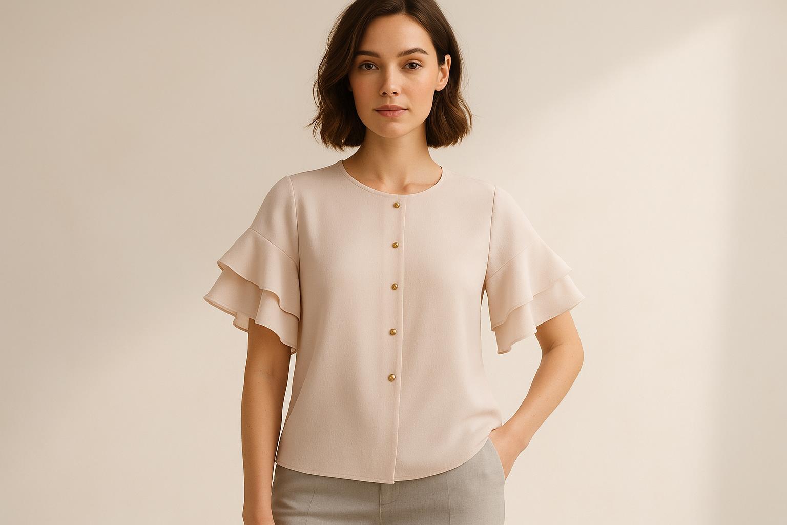 Descubra como a blusa de 2 mangas babados com botão pode elevar seu guarda‑roupa feminino: estilo versátil, conforto e um toque de elegância para qualquer ocasião. (imagem gerada com inteligência artificial)